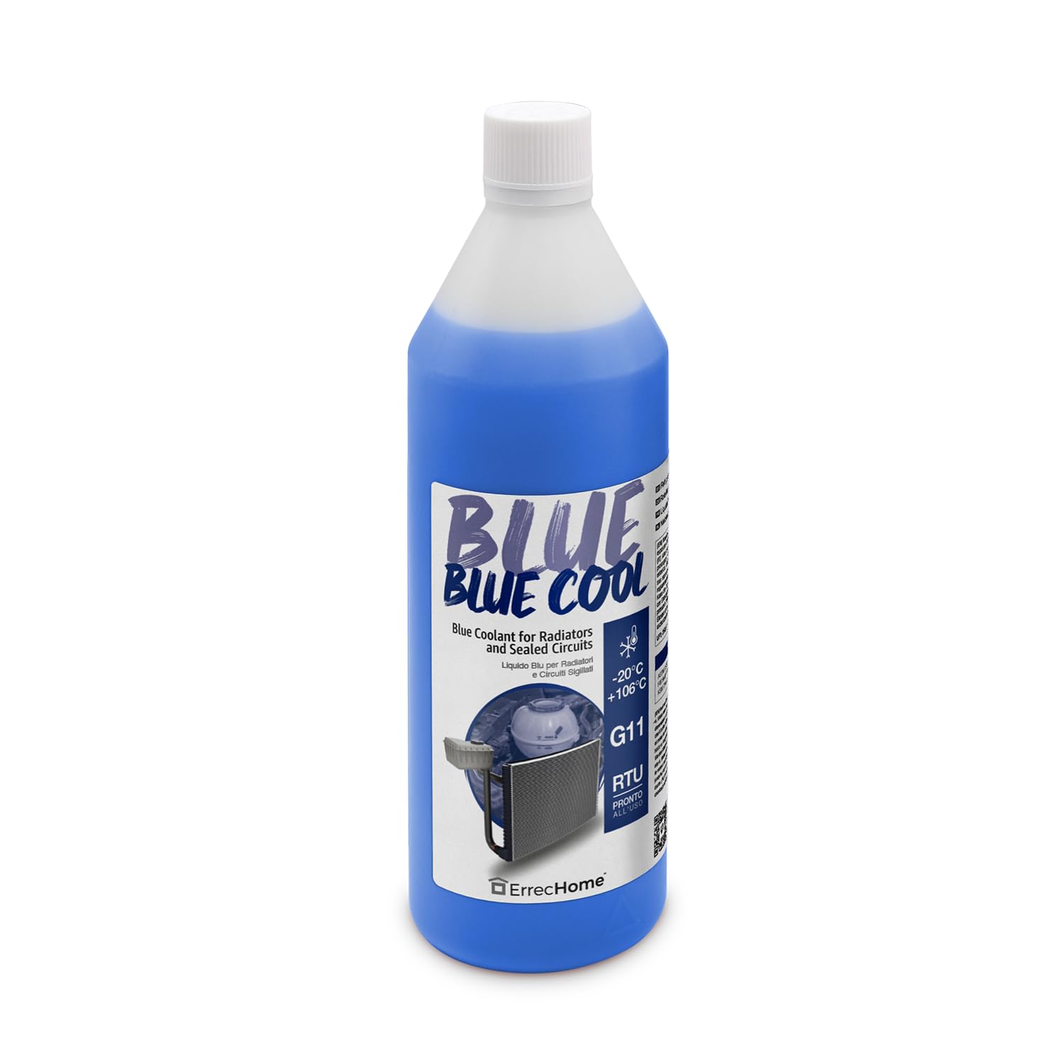 ErrecHome Blue Cool, Liquido Radiatore Blu -20°C/+106°C, antigelo G11 con pacchetto inibitore NAP FREE, Pronto all’uso, 1 Litro