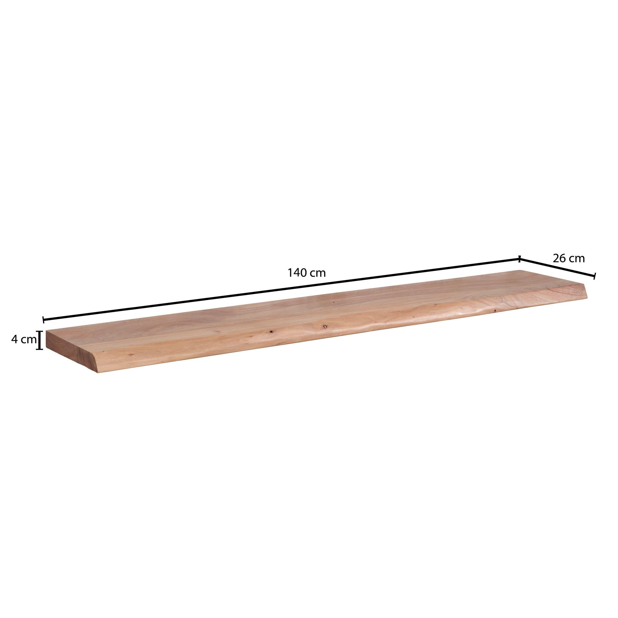 WOHNLING Mensola 140 cm Acacia Massello Bordo Naturale, Mensola Sospesa | mensola da parete rustica in stile country, mensola sospesa per libri e decorazioni, fatto a mano, ogni scaffale è unico