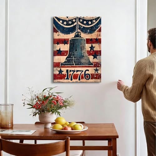 Image of RIBNTAK Made in USA Rustic 1776 Liberty Bell with American Flag Canvas, Retro Patriotic Sign Artwork for 4th of July, Independence Day, Memorial Day Home Decoration