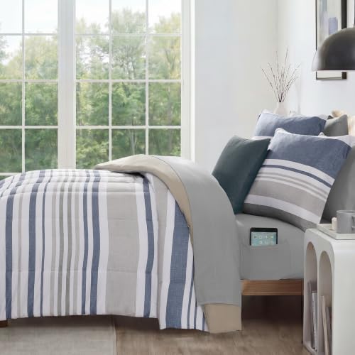 Image of Monbix Queen Comforter Set - 7 Pieces Bed in a Bag Queen, Ocean Blue-Stripe Bedding Sets, All Seasons Comforter Bed Set with Sheets, Pillowcases & Shams