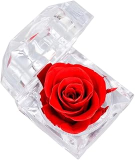 علبة خاتم اكريليك شفافة مع وردة دائمة بداخلها مناسبة لعيد الحب والزفاف وعيد الميلاد والذكرى السنوية، أحمر (بدون خاتم)