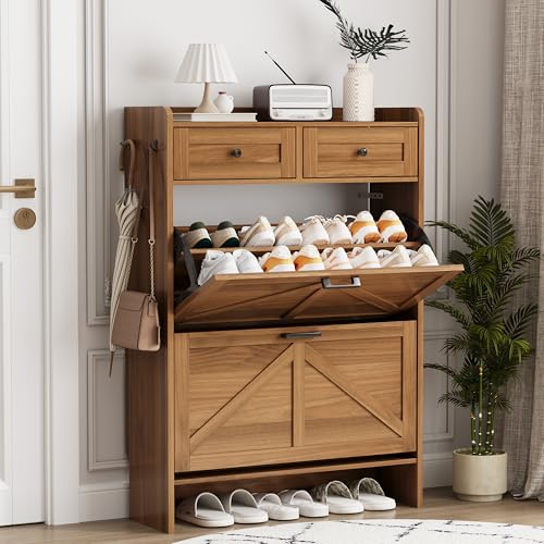 Image of Shoe Cabinet with 2 Flip Drawers & 2 Top Drawers, 43 inch Tall Freestanding Narrow Wooden Shoe Storage Organizer for Entryway, Hidden Slim Shoe Rack for Front Door Entrance, Hallway, Living Room, Walnut