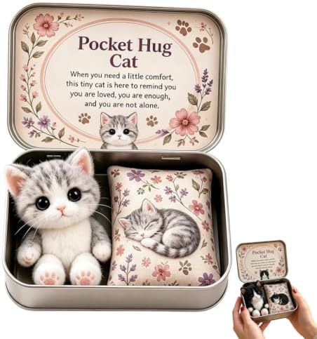 Mini Plush Cat in Box, Your Furry Little Encourager, Hugs Positive Stuffed Animal Huggable with Positive Card Cute Emotional Support Inspirational Gift Doll,Pocket Hug Plush Keepsake Tin