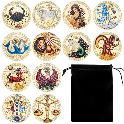 12 Zodiac Sign Colorful Commemorative Coin Set - Unique Collector's Coins Featuring All Astrological Signs, Perfect for Astrology Lovers, Collectors, and Gift Giving
