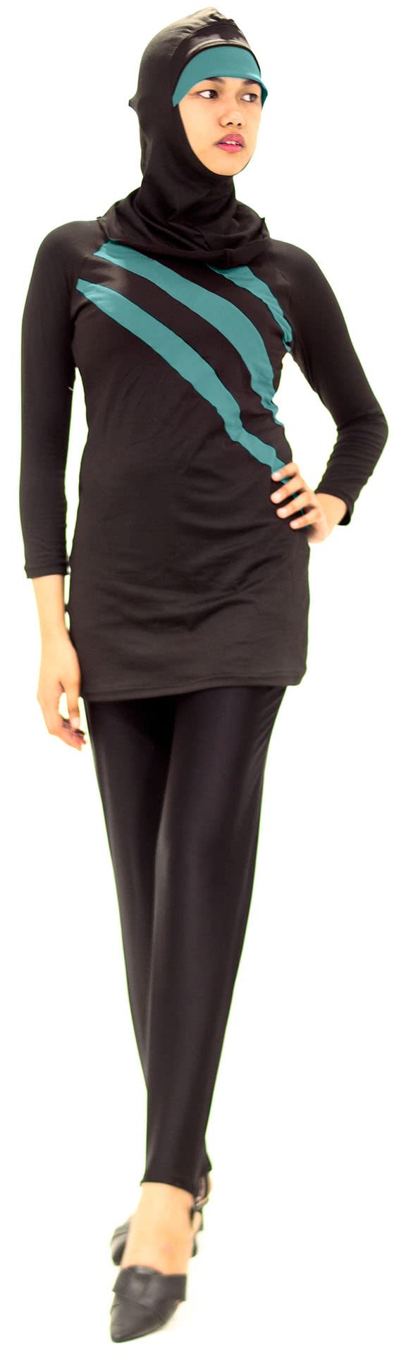 Burkini Nero E Verde – Combinazione Costume da Bagno con Velo