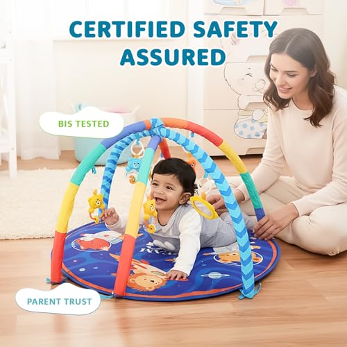 Image of Amazon Brand - Supples Baby Play Gym Mat | Activity Play Gym with Hanging Toys | 2-in-1 Baby Mat for 2+ Months | Astronaut Print | Multicolor | Soft Baby Bedding