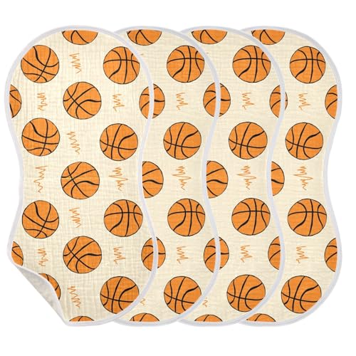 Image of JHKKU Muslin Burp Cloths for Baby Boys and Girls - 4-Pack Ultra Absorbent Basketball Muslin Washcloths, Newborn Towel, Milk Spit Up Rags, Burp Cloth Bib for Unisex, 22 x 11 Inch