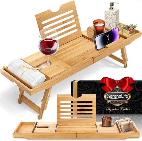 SereneLife Bandeja para bañera, Desayuno, Impermeable, Brazos Plegables, Jabonera, Baño, Soporte para Copa de Vino, Libro, Movil, Tablet