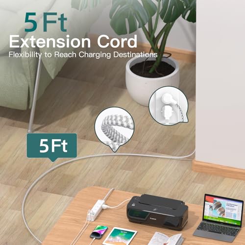 Image of Power Strip Surge Protector with 12 AC Outlets 4 USB, 5FT Extension Cord | Flat Plug Wall Mount, 1050J Overload Protection, Desk Charging Station for Home Dorm Room Office Essentials, ETL Listed