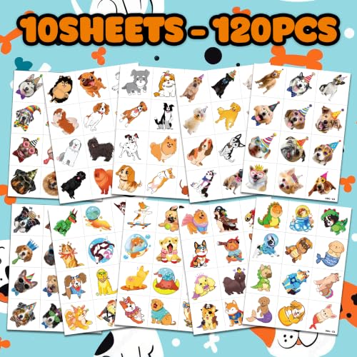 Image of 120 PCS Pre-Cut Dog Temporary Tattoos for Kids First Birthday Party Favors | Super Cute Pet Themed Supplies, Decorations, Animal Fake Tattoo Stickers School Rewards Prizes & Gifts Boys & Girls