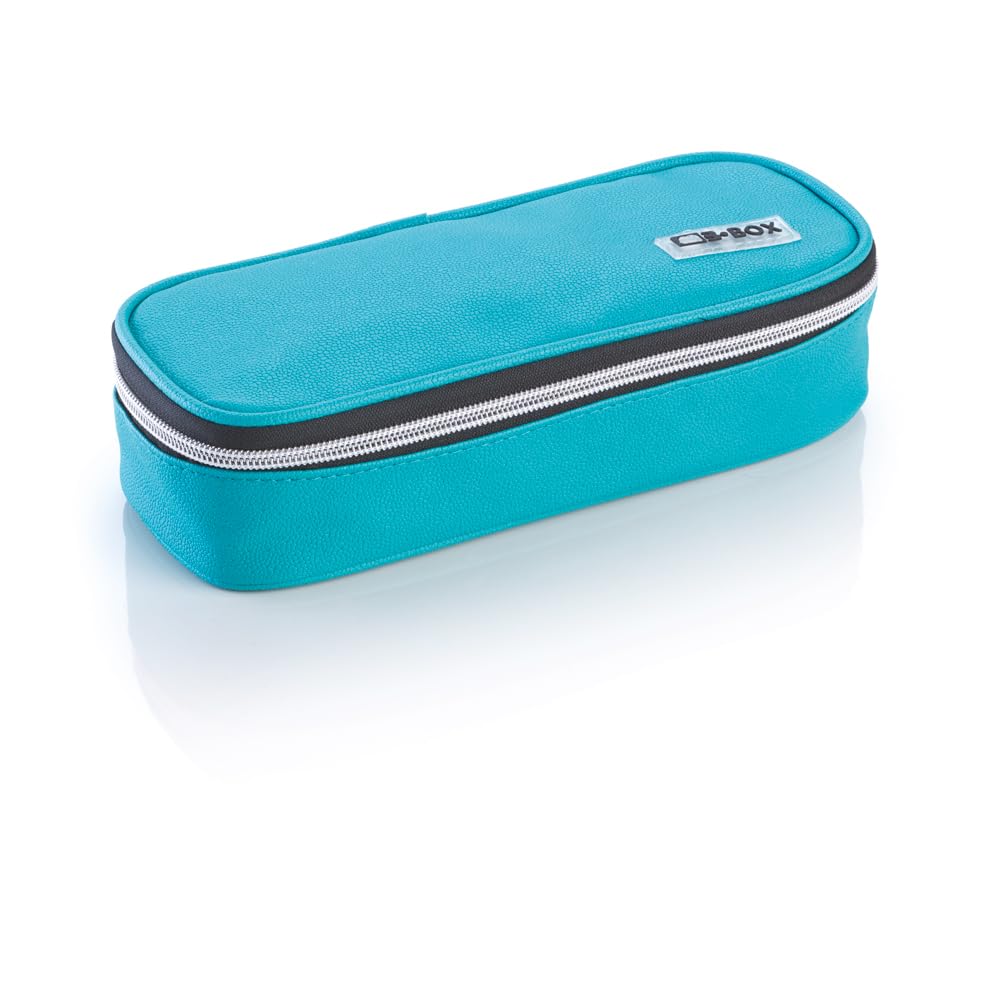 Favorit Pencil Case for School Oval Aquamarine Blue, 24 cm x 9.5 cm, Height 6 cm, with Silver Zipper, Filling with Stabilo Products