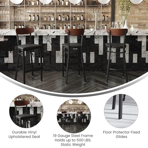 Image of Flash Furniture Wright Commercial Barstool - Walnut Finish Wood Boomerang Back - Black Vinyl Seat - 500 LB. Capacity Black Steel Frame - Integrated Footrest