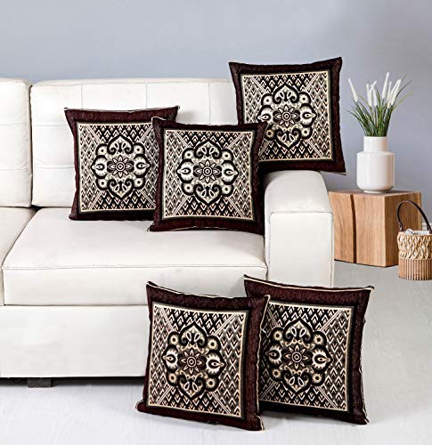 Image of Nendle Jacquard Weaved Decorative Velvet Cushion Cover /Sofa Pillow Cover Set of 5 Pieces (Brown, 16x16 Inches)-500 TC