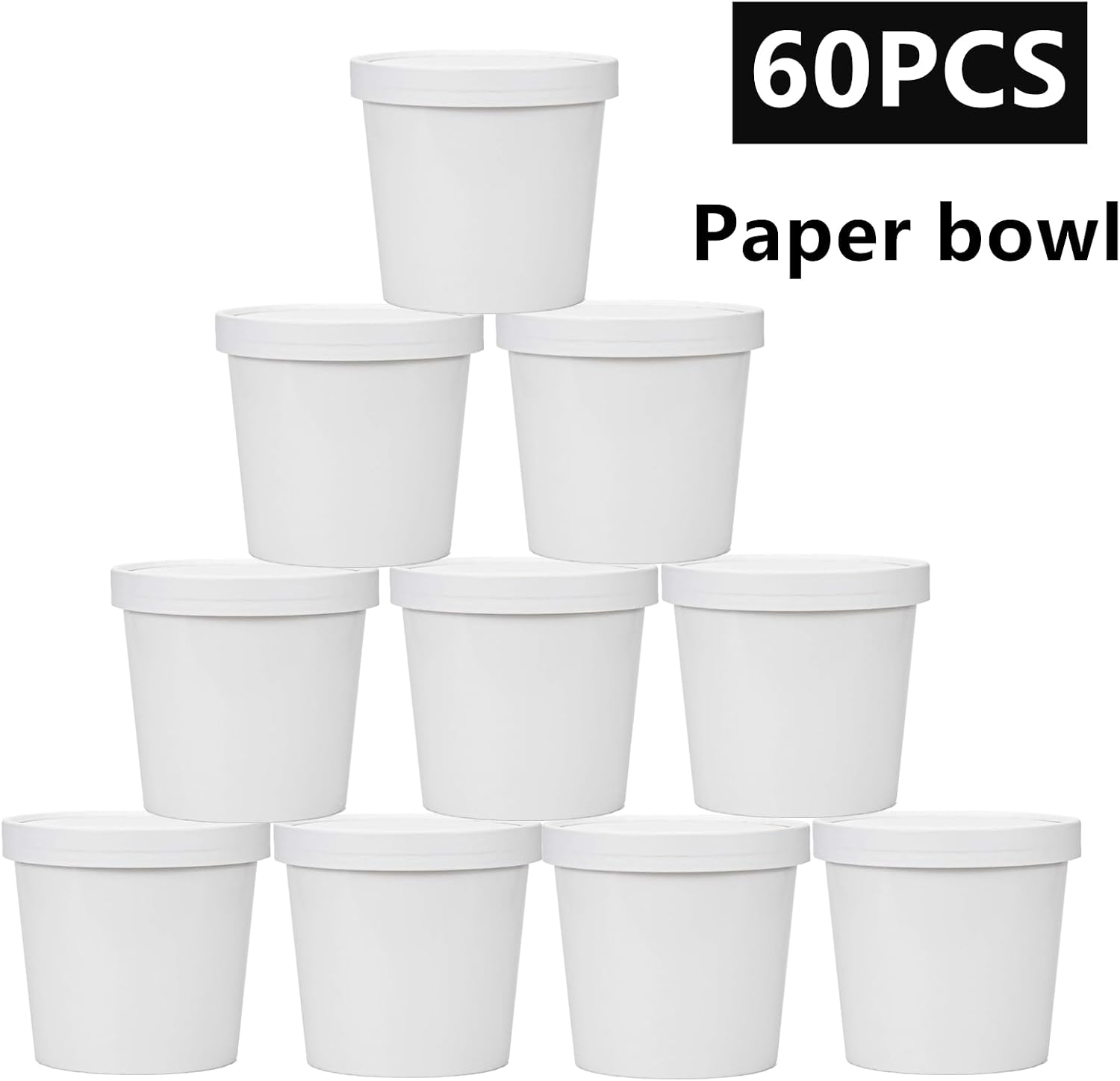 60 Pack 12 oz White Paper Ice Cream Cups with Lids, To Go Soup Containers Dessert Bowl, Microwave and Freezer Safe Food Storage Bowls for Parties, Christmas, Takeout, Picnics