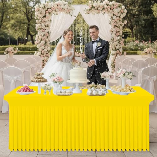 Image of Smiry Spandex Elastic Fitted Table Cloth Skirt for 8FT Rectangle Table | Stretch Washable Table Cloth, Banquet Table Cover for Wedding, Party, Indoor & Trade Shows, (Yellow, 96Lx30Wx30H)