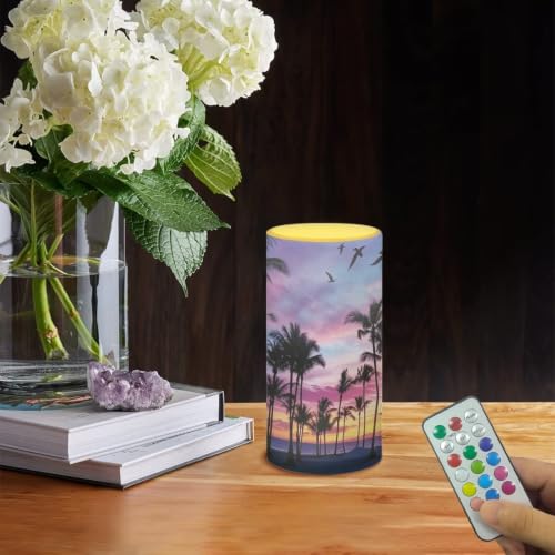 Image of Poceacles Flameless Light Candles Battery Operated Candles with Color Changing Timer Remote Control Tealights for Home Beach Dinner Party Banquet Decor, Beach Palm Tree Sunset Pattern Violet Blue