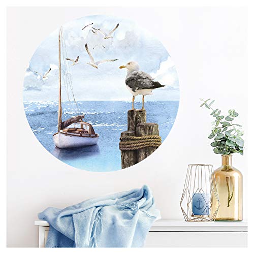 Grandora DL582 Sticker mural rond mouette et bateau sur la mer I 60 cm de diamètre I Sticker mural décoratif pour chambre à coucher, couloir, salon