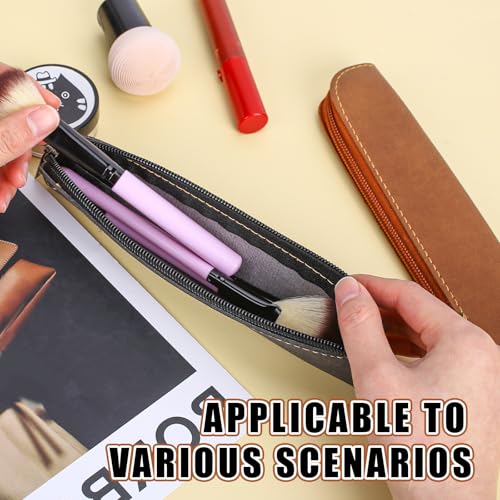 Image of Leather Pencil Pouch, 2 Pcs Slim Pencil Case Portable Small Pencil Case Flat Soft Pencil Bags with Zipper Simple Makeup Bag Lipstick Case for Women Men Home, Office, Travel Outdoor (Black, Brown)