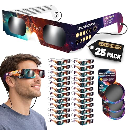 Helioclipse 25 Pack Solar Eclipse Glasses 2026 - Trusted for Direct Solar Eclipse Viewing - Iso 12312-2 & Ce Certified - Bonus 5x Phone Filter