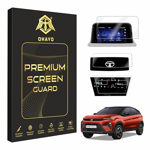 Image of OHAYO 3 Pack Screen Protector for Tata Nexon 2023 Pure /Pure (S) /Creative | 7 inch Infotainment + Steering Controls + AC Panel Protection | 9H Hardness, Military Strength, Scratch Resistant, HD Clear, Bubble-Free | Not Tempered Glass