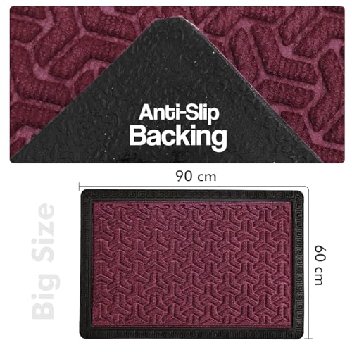 Image of Yellow Weaves Large Size (60x90 cm) Door Mat for Home Entrance, Outdoor Rubber Mat - Non-Slip, Anti Skid Foot Mat, Dirt Trapper, Heavy-Duty, Waterproof Doormat (Triangle Design, Wine Color)