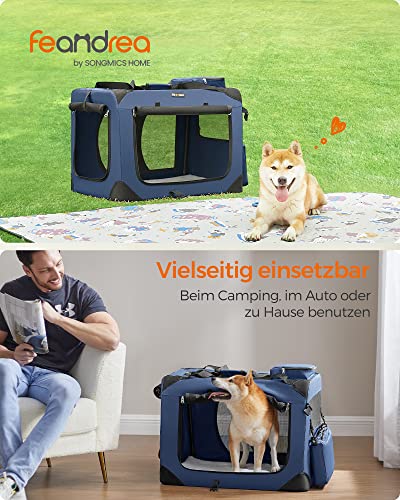 Feandrea Hundebox faltbar, Transportbox Hund, L, Hundetasche, Oxford-Gewebe, Netzstoff, atmungsaktiv tragbar transportabel, Metallrahmen, mit Griffen, Taschen, 70 x 52 x 52 cm, dunkelblau PDC70Z