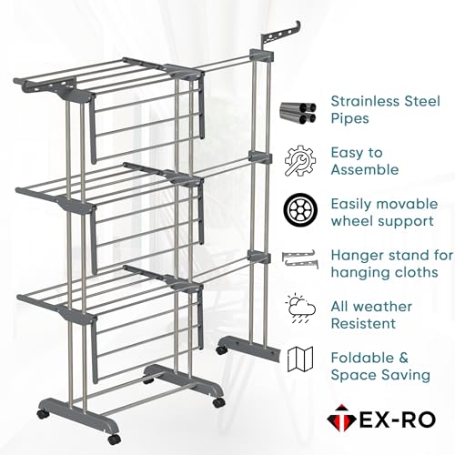Image of TEX-RO Expandable Clothes Drying Stand for Home|Cloth Dryer Stand with Wheel|Cloth Stand for Drying Clothes Foldable|Stainless Steel Clothes Hanging Stand|Cloth Rack for Balcony(3 Layer, Grey)