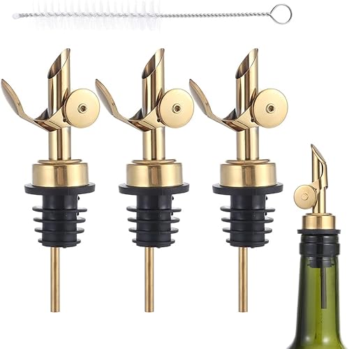 beyonday 3 vertedores de botellas de licor de cierre automático, color dorado, tapones para botellas de vino con tapa de goma para polvo y cepillo