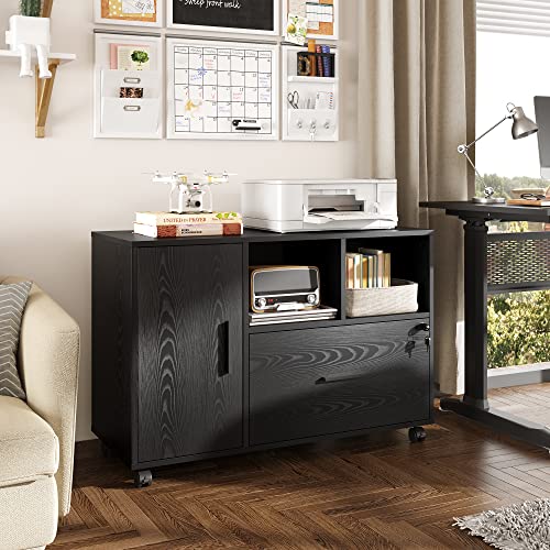 Devaise Office File Cabinet With Lock, 1-Drawer Wood Lateral Filing Cabinet On Wheels, Printer Stand With Open Storage Shelves For Home Office, Black #TOP1