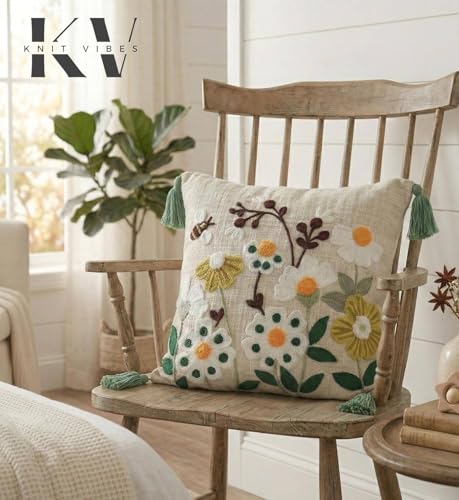 Image of Honey Bee Flowers Embroidered Cushion Cover 16 x 16 Inches or 40x40 cms Cotton Fabric Cushion Covers for Sofa Set /Diwan Beds, Sofa Throw Pillow Only, Set of 1 Pc