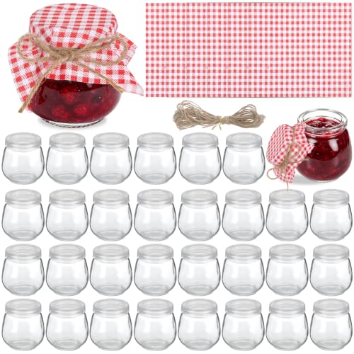 30 Sets Yogurt Jars Strawberry Baby Shower Favors Kit 3.4 oz Glass Bottles Mason Jar with Plastic Lids and Checkered Cloth and Rope for Honey Jam Honey Wedding Favors Birthday Party Decor