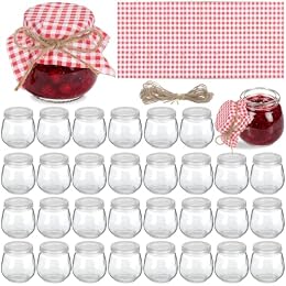 30 Sets Yogurt Jars Strawberry Baby Shower Favors Kit 3.4 oz Glass Bottles Mason Jar with Plastic Lids and Checkered Cloth and Rope for Honey Jam Honey Wedding Favors Birthday Party Decor
