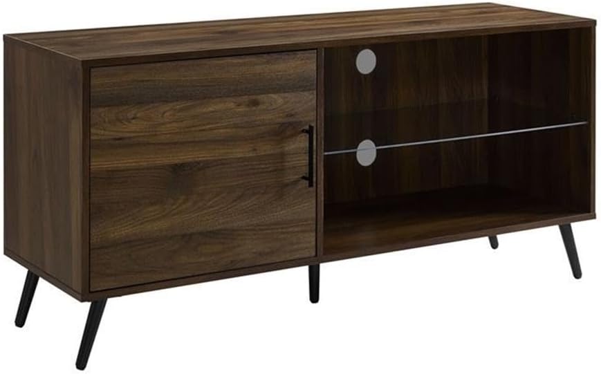 Pemberly Row Engineered Wood TV Stand, 52 in, Dark Walnut Finish, Tempered Glass Shelf, Adjustable Storage, Mid-Century Modern Style, Durable Living Room Console for Electronics and Decor