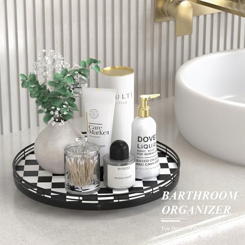 Image of Black and White Kitchen Lazy Susan Turntable - Checkered Round Decorative Tray, 13 inch Table Top Oak Wood Lazy Susan for Cookies, Dining Table Organizer, Small Kitchen Table Centerpiece