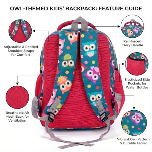 Image of SBCOLLECTION Girls' School Backpack, Owl Print, 32L, with Pencil Pouch, Padded Shoulder Straps, Water Bottle Pocket