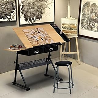 Yaheetech Table à Dessin Inclinable Hauteur Réglable avec Tabouret et 2 Tiroirs Compartiments à Crayons Bureau pour Dessinateur Peintre Ingénieur Artiste Couleur Bois