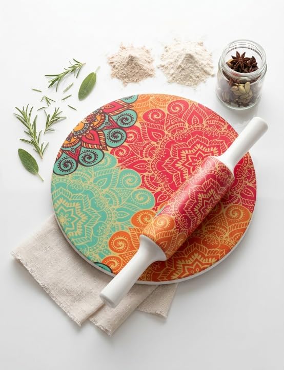 Image of Modern Floral Design Marble Chakla Wooden Belan | Printed 10 Inch Enamel Roti Maker with Belan | Heavy Duty Non-Slip Chakla for Roti, Chapati, Paratha |Kitchen Rolling Board (1 Set) (4.Sun Design)