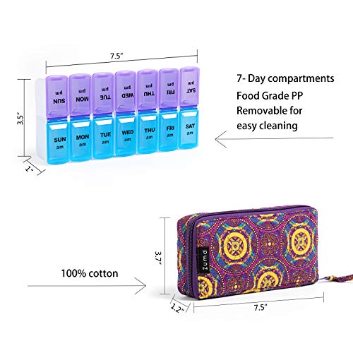 Image of Weekly Pill Organizer 2 Times a Day, Zumd Pill Box 7 Day with Cute Quilted Fabric Zipper Case, Travel Pill Case Am Pm for Vitamin Medicine Organizer