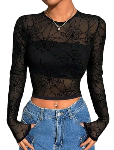 Mesh Top Women See Through Tops (Floral Crop Top Long Sleeve Mesh Shirt Going Out Outfits)