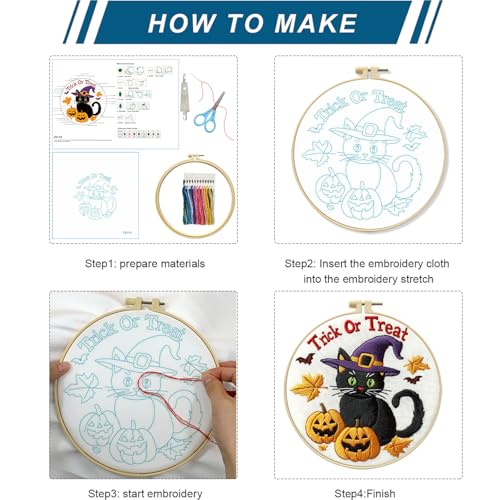 Image of Zhenqing Halloween Black Cat Embroidery Kit for Beginners, Trick or Treat Witch Cat Needlework Kit with Pre-Printed Cotton Fabric, Hoop, Threads & Tools, Spooky DIY Decor (C0118)