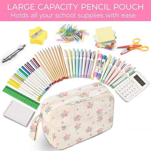Image of WOBAGMEN Cute Pencil Case,Large Corduroy Zippered Pencil Case Pouch, aesthetic Pencil Bag with Compartments, Pencil Pouch School Supplies (HY-corduroy pc-pink floral)