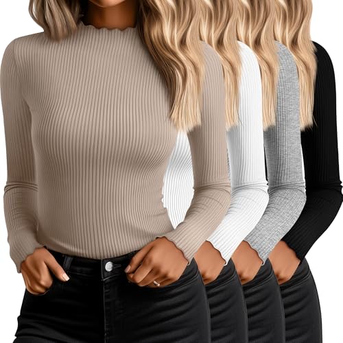 Neer 4 Pack Women's Mock Turtleneck Tops Cotton Long Sleeve Ribbed Lettuce Trim Shirts Slim Fit Casual Fall Basic Tees