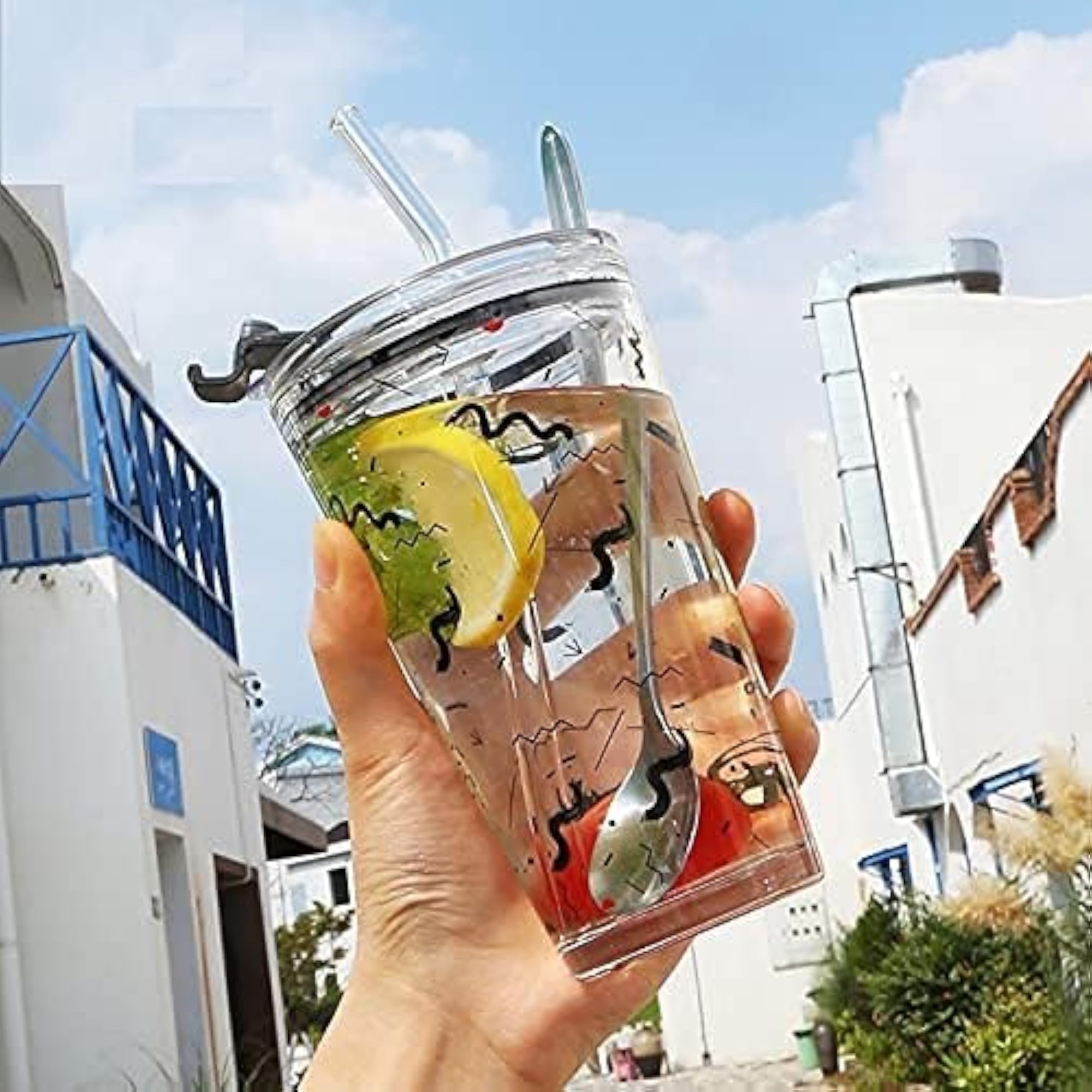 Creative Cartoon Pattern Drinking Glass Measuring Mug with Straw