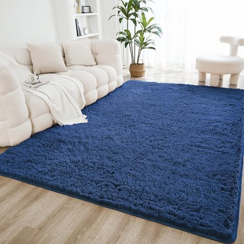 Litanika 3x5 Shag Area Rug for Bedroom, Dark Blue Plush Rug