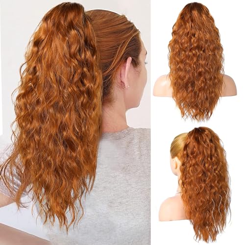 PORSMEER Ponytail Extension,Claw Clip Ponytail Hair Extensions Copper Orange Natural Looking Long Curly Wavy Multi Layered Fluffy Synthetic Hairpiece for Women Girls Party Daily Wear 18inch