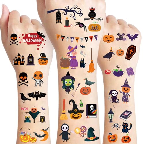 360PCS Halloween Temporary Tattoos for Kids Halloween Face Fake Tattoo Body Stickers Decorations Face Makeup Assorted Prizes Goody Bag Stuffers Party Favors Supplies Decor Pumpkin Witch Skull Adult