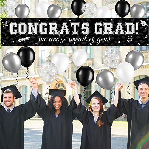 Image of 37Pcs Graduation Banner Balloon Decorations Class of 2026, Congrats Grad Banner Yard Outdoor Decorations, Graduation Balloons Banners Set for High School College Grad Party Supplies, Black Silver