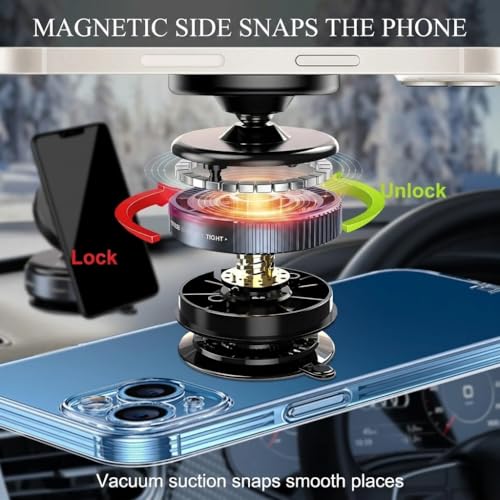 Image of Vacuum Magnetic Phone Mount for Car Dashboard | Universal 360 Degree Rotating Metallic Mobile Holder with Tightening Ring System for Secure Stability