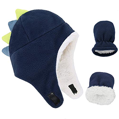 Baby Winter Hat and Mitten Set, Toddler Boy Warm Fleece Earflap Hats Sherpa Lined Dinosaur Cap with Gloves for Infant Boys Girls (Navy, L)