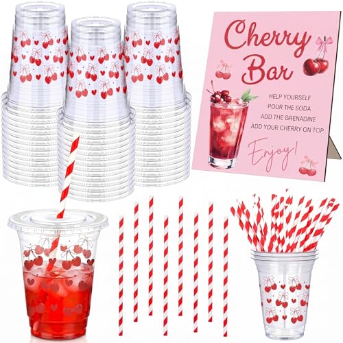 Domensi 30set /61 Pcs Shirley Temple Bar Supplies Include 1 Pcs Wooden Shirley Bar Sign 30pcs 12oz Cherry Bow Plastic Cups with Lids for Wedding Birthday Party